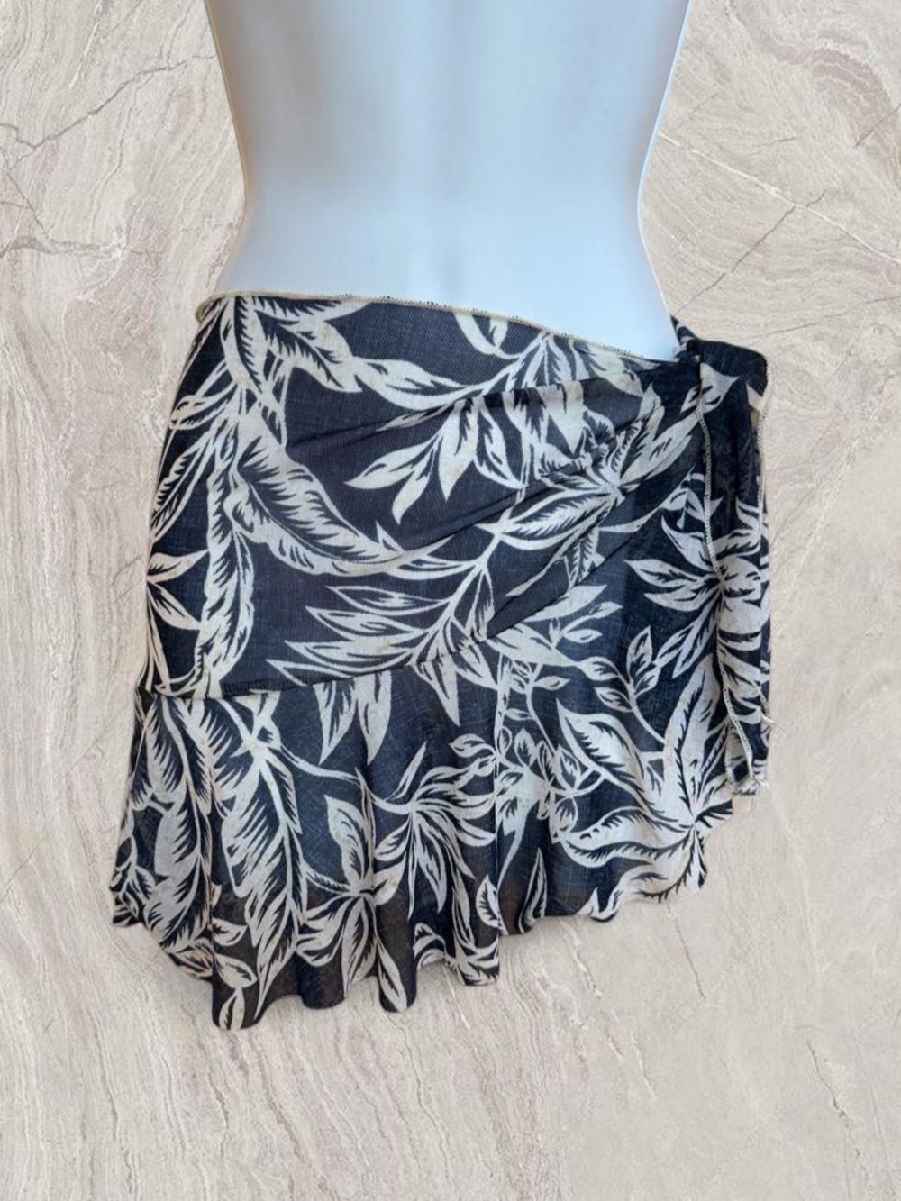 Y2K Tropical Mesh Navy Blue & White Leaf Print Wrap Mini Skirt Ruffle Hem